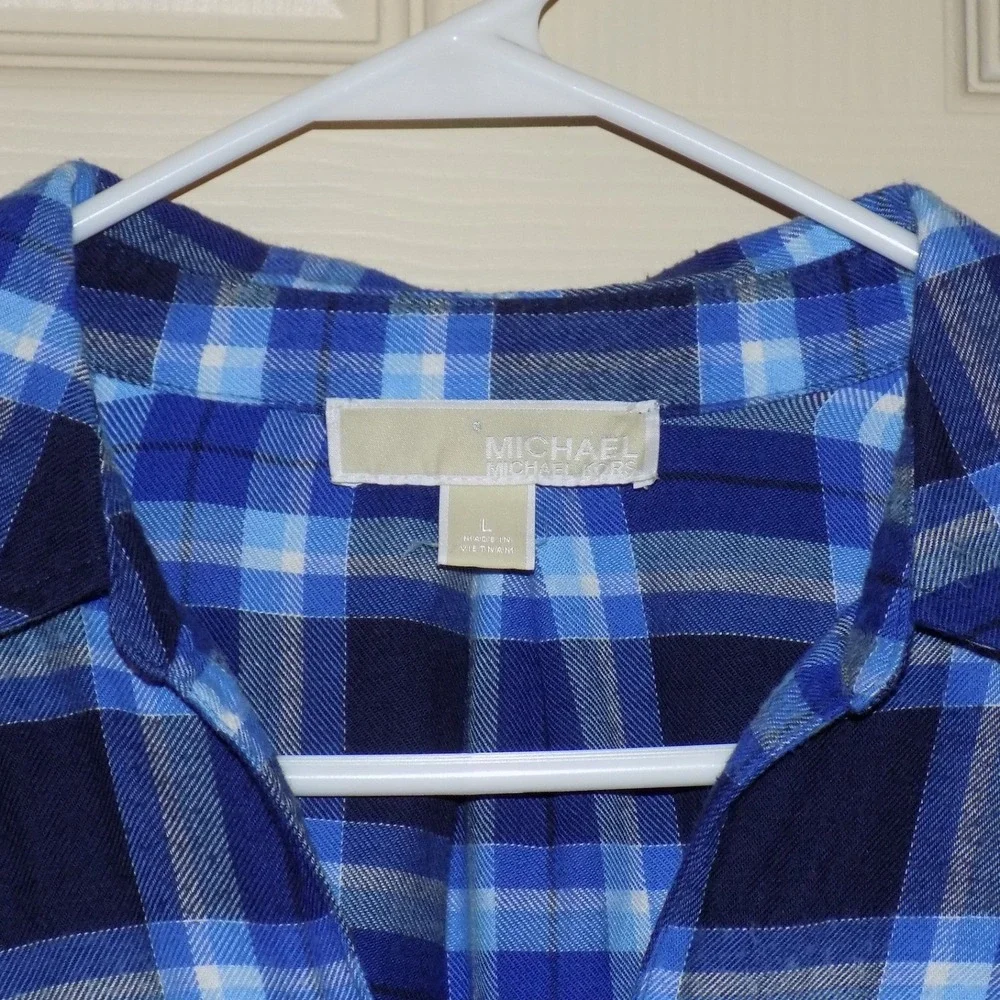 Michael Kors Plaid Tunic Women‎ Size L Blue Half Zip Roll Tab Sleeve Excellent